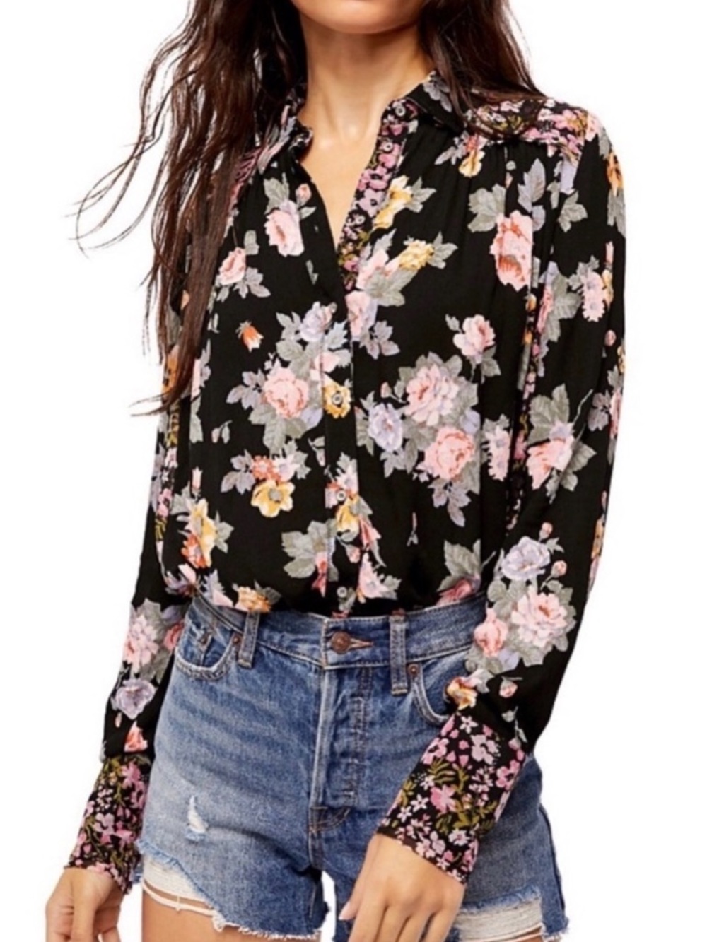 Free People Hold Onto Me Floral Button Down Top Size Medium Black